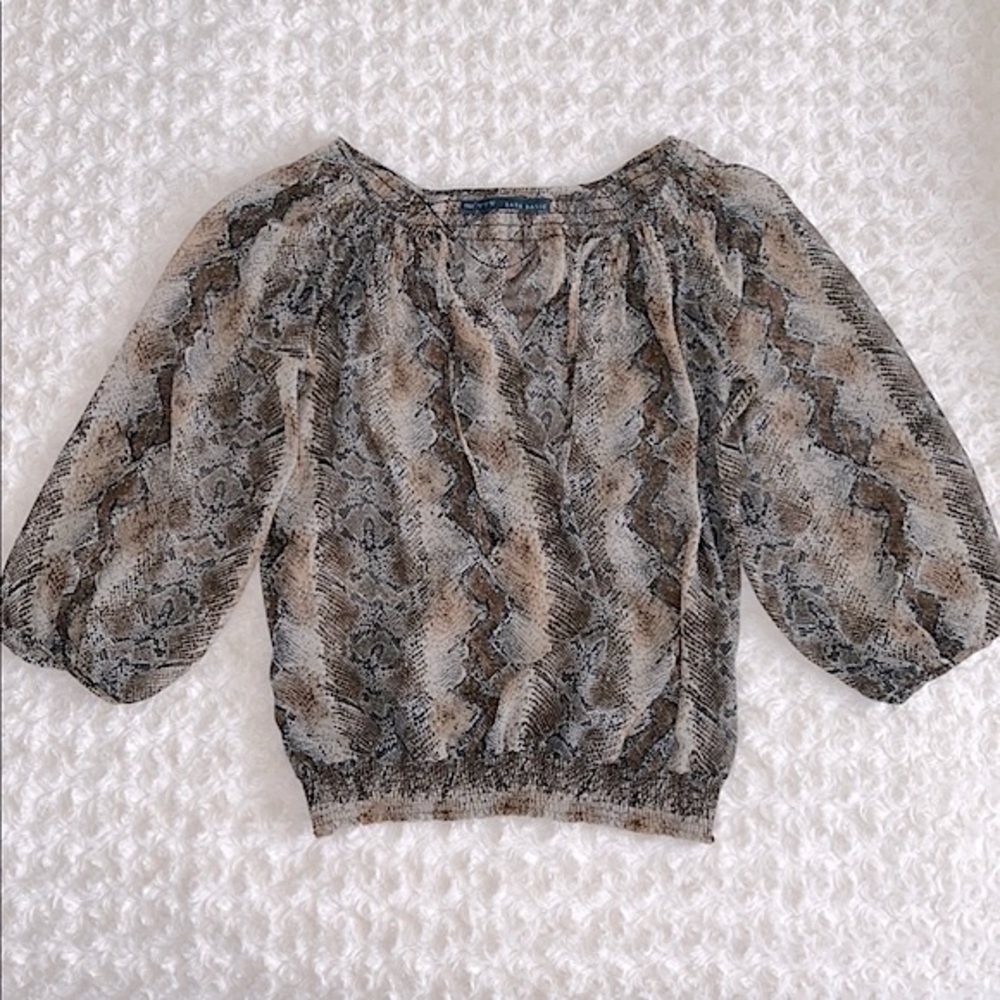 Zara Blouse Snakeskin Print Balloon Sleeve Smocked Waist